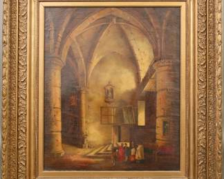 Huge Flemish Cathedral Interior scene oil/canvas painting