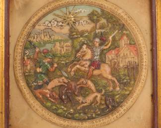 Antique German wax painting "Wild Boar Hunt"