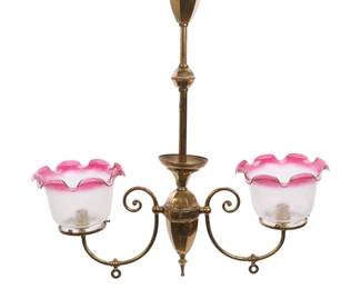 Victorian gasolier (converted) 2 arm chandelier with etched clear/cranberry shades