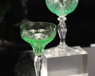 Pair green cut glass goblets