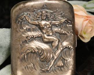 19th century Watrous Sterling silver Lady riding the waves cigarette/ calling card case