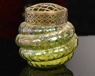 Signed Loetz green snake vase/ frog