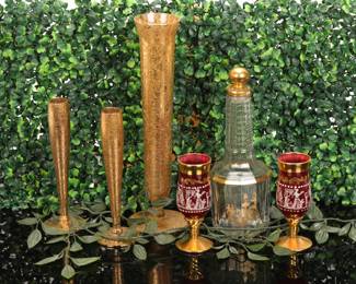 Baccarat crystal decanter with gold vases and cranberry cordials