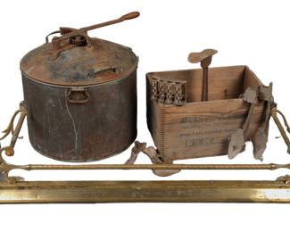Group of primitives- dynamite box, shoe lasts, washing machine, fireplace fender +