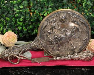 Art Nouveau sterling silver figural vanity dresser set