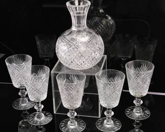 Antique cut glass water carafe and 5 glasses