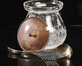 Antique cut glass mustard/ jelly pot & spoon