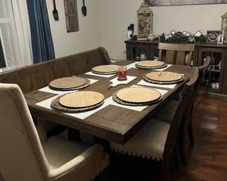 Kitchen table, bench, chairs, China cabinet, decor