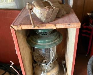 Coleman camping lantern, model 220D, Stanley table vise