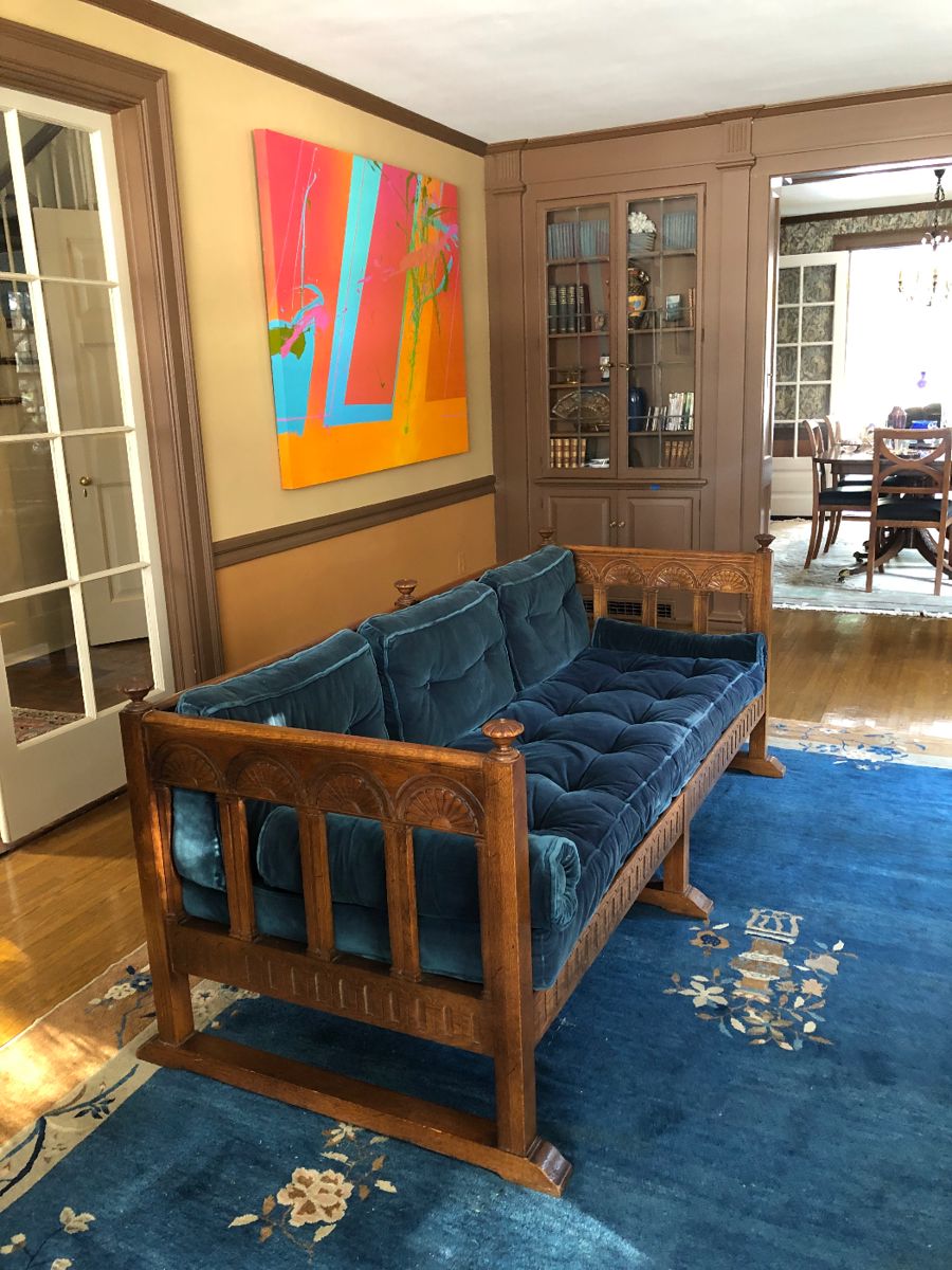 Really handsome large oak sofa by Drexel. Chinese Art Deco rug. Painting by Robert Davis. 