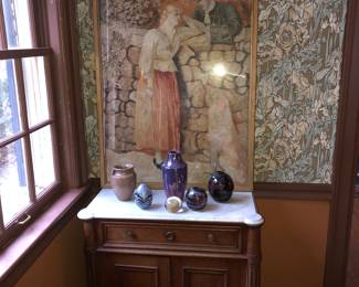 Marble top cabinet, antique needlework picture
