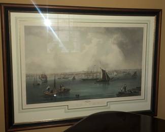 Ca. 1857 hand colored Boston Harbor print, after John W. Hill (American 1812-1879), Boston; engraved for G. Mottran by Smith Bros & Co, NY, entered by EF Smith in clerk's office in Mass 1857, 29 1/8" x 42", matted and framed under glass.