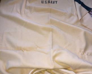 Vintage wool navy blanket with moth damage