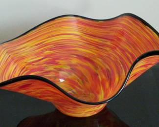 Artist Signed Orange Red Blown Glass Bowl 