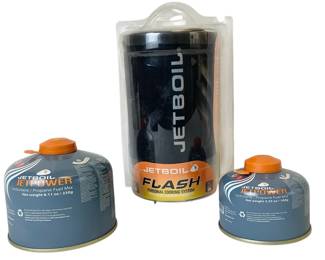 TEWA803 Jetboil Camp Stove And Fuel Stove in packaging, though it has been opened before. Includes 230 gram and 100 gram propane tanks.
