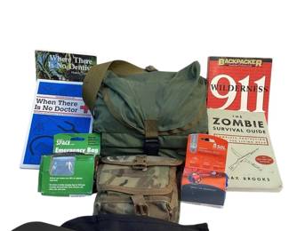 TEWA710 Kit For The Avid Wilderness Backpacker Lot includes just about everything a backer would need. &nbsp;A folding shovel, emergengy bag and bicycle, a handy backpack with scissors, matches and more.&nbsp;
