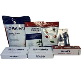 TEWA719 Survival Food And Necessities Lot includes Chocolate shake mix, Seeds, water purifier, Multi-use Flashlight and two Patriot Power Cells. &nbsp;All items are new.

