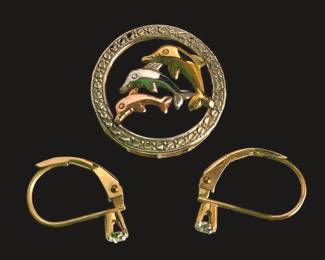 TEWA213 10k TriTone Dolphin Pendant  Diamond Leverback Earrings Both the pendant and earrings are stamped 10k.&nbsp;
