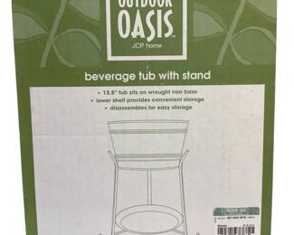 TEWA720 Outdoor Oasis Beverage Tub With Stand Item in original box. &nbsp;There is a small ding on a tray - see pics. &nbsp;It's a 13.5" tub sitting on wrought iron base with lower shelf.
