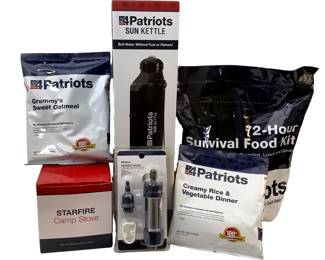 TEWA211 4Patriots Survival Food Sun Kettle Unsealed Sun Kettle bottle with a Patriot pure personal water filter. Unsealed Starfire Camp Stove and a couple of Survival food pouches.
