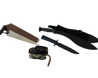 TEWA802 Camping Blades Machete, camping saw, pocket knife, and trainging knife. Mostly of unclear branding, training knife is Col steel branded.

