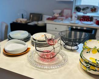 Large selection of kitchen items, platters, glassware