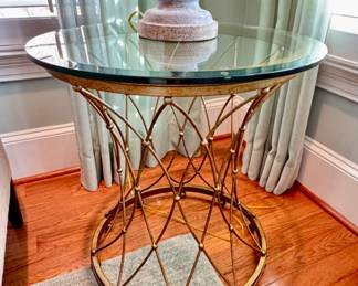 PAIR of Neoclassical, Maison Jansen Style round gilt metal side tables