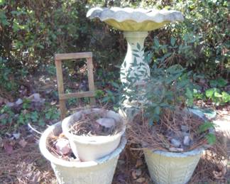 outdoor pots and bird bath