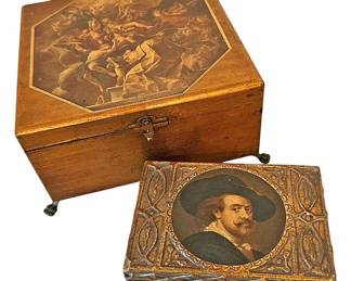 Two Antique Decoupage Trinket Boxes 