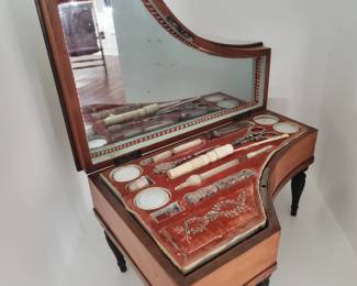 Antique Inlaid "Piano" Sewing / Music box Mother of Pearl and Sterling Fittings