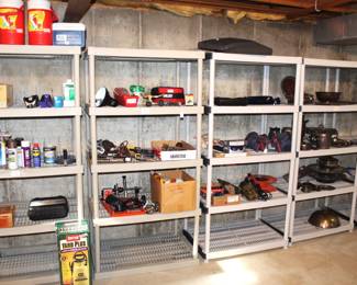 Multiple five shelf shelving units for sale.