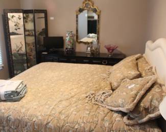 King size upholstered headboard bed w/frame, mattress & box spring.
