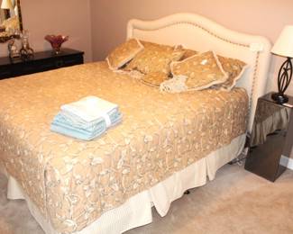 King size upholstered headboard bed w/frame, mattress & box spring.