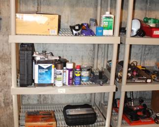 Five shelf plastic shelves, paints, sprayer, tools.