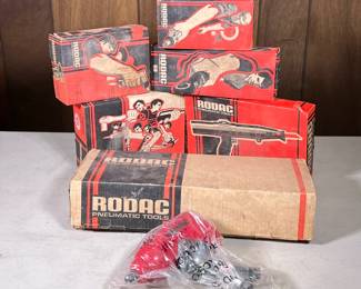 (6pc) [NIB] Rodac Pneumatic Tools | Some new, some with original box, including a straight line sander, a reciprocating saw and file, two impact wrenches, a 3/8 angle impact wrench, and an air ratchet.