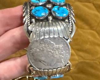 Navajo turquoise Morgan dollar bracelet signed 