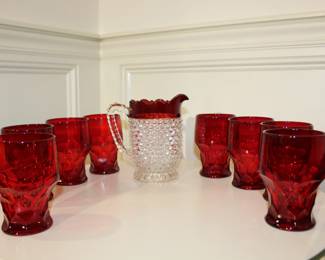 Vintage Anchor Hocking Ruby Red Tumblers and Pitcher
