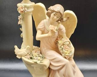 Porcelain Angel w/ Flowers & Bird Figurine
