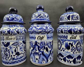 (3) Mexico Talavera Pottery Blue & White Canisters