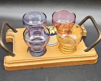 Mid Century Bar Set: 4-Colored Glasses & Jigger on Stand