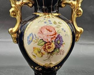 Vintage Blue Porcelain & Gilt Gold Vase w/ Flowers