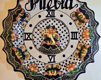 Signed Mexican Pottery Puebla Quartz Wall Clock