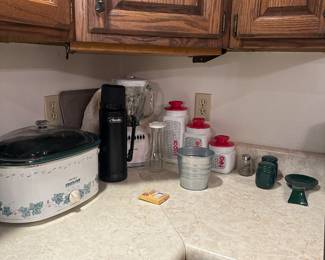 Crockpot, blender, thermos, glass canisters