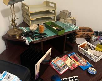 Office supplies, desk lamp, organization