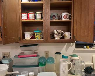 Mugs, Tupperware, food storage containers, pitchers