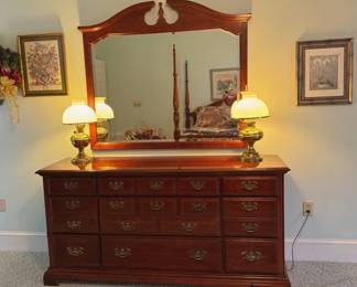 American Drew dresser with mirror, brass lamps and wall decor