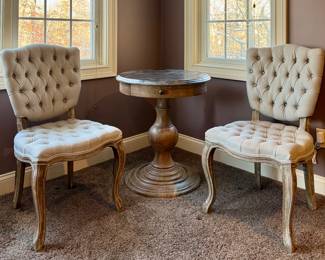Arhaus Furniture Tufted Chairs & Pedestal Table with Marble Top