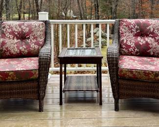 (2) Resin Wicker Armchairs & Resin Wicker & Glass Side Table