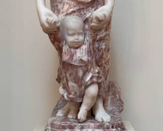 "Mother & Child" Carved Marble Sculpture, Signed Pugi