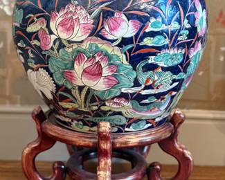 Chinese Koi Fish Planter on Rosewood Stand